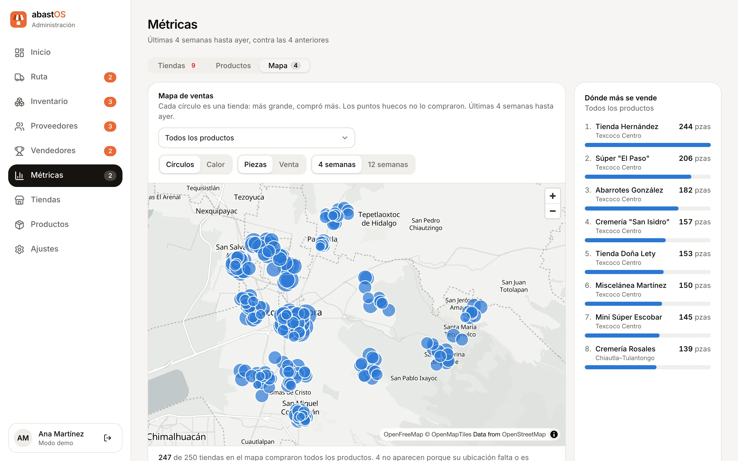 Mapa de ventas: cada círculo es una tiendita de Texcoco, más grande donde se vendió más.