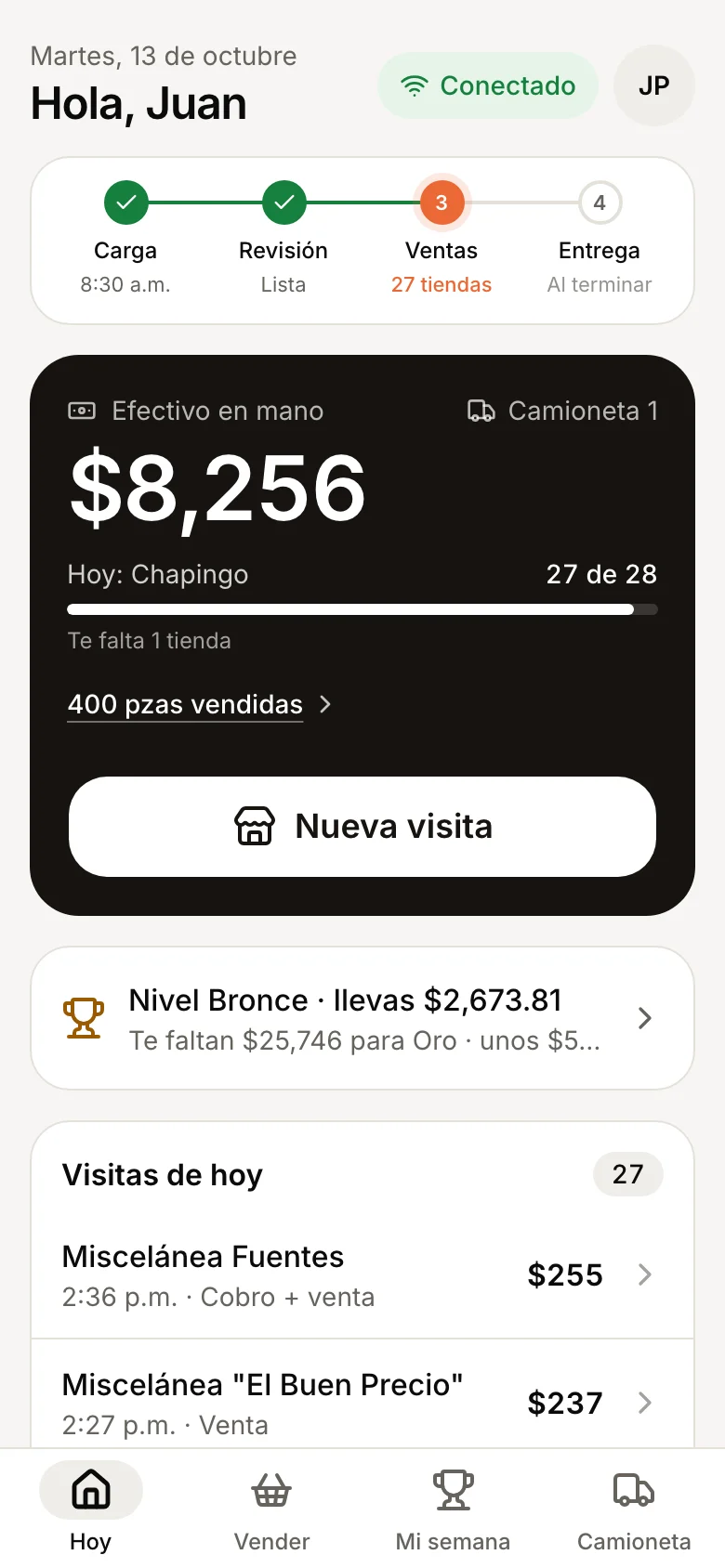 App del vendedor: efectivo en mano, avance de la ruta del día y visitas de hoy.