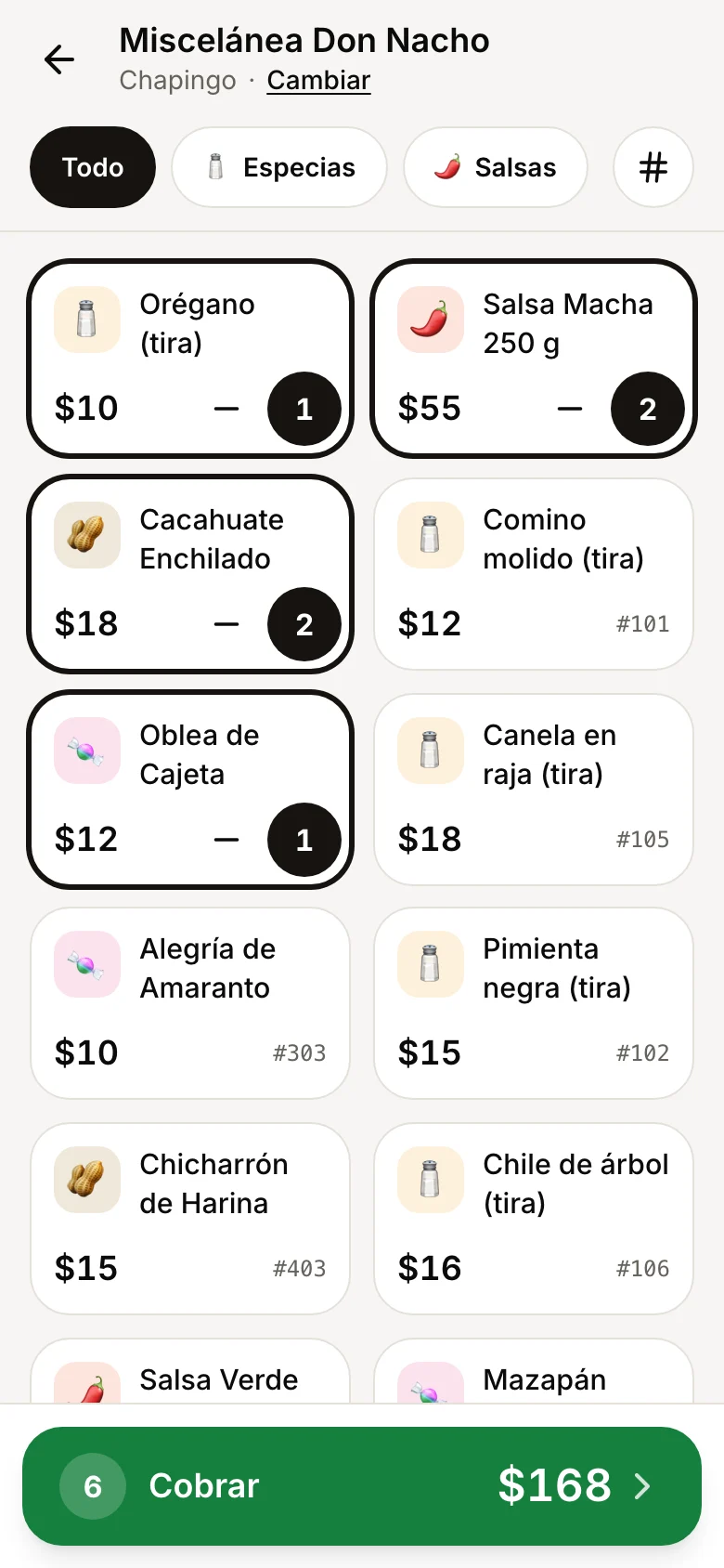 Pantalla de venta: productos con precio y botón verde para cobrar $168.